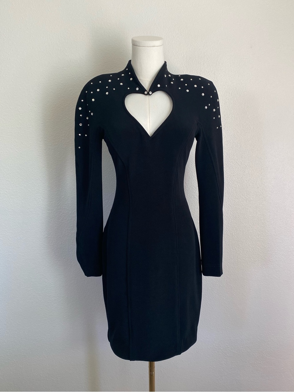Vintage Tadashi Heart Cut Out Mini Dress Embellished Rhinestones Black